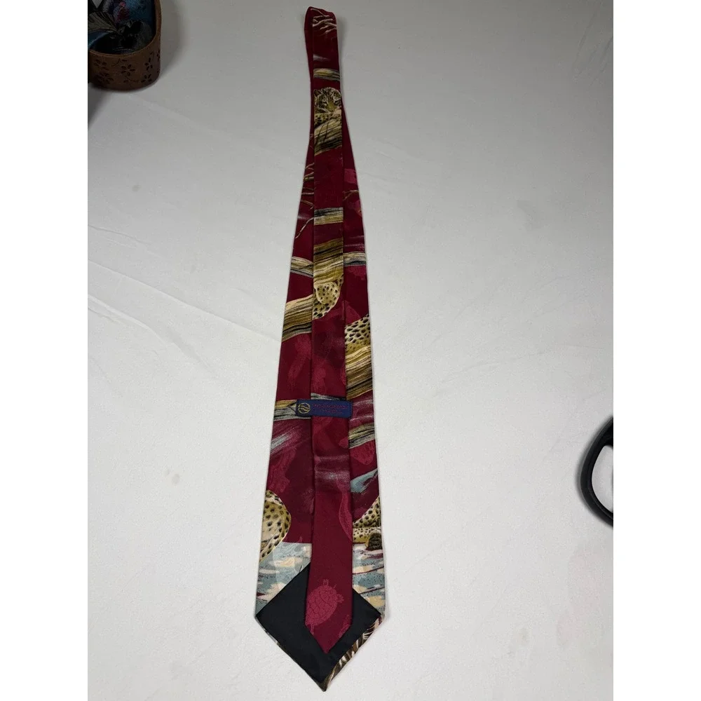 Endangered Species Mens Silk Tie Leopard Print Burgundy Red Made in USA 90's